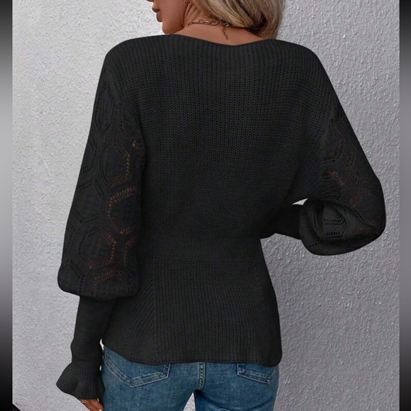 Sheer Mesh Lace Cuff Long Sleeve V -Neck Sweater Top - Picture 6 of 16